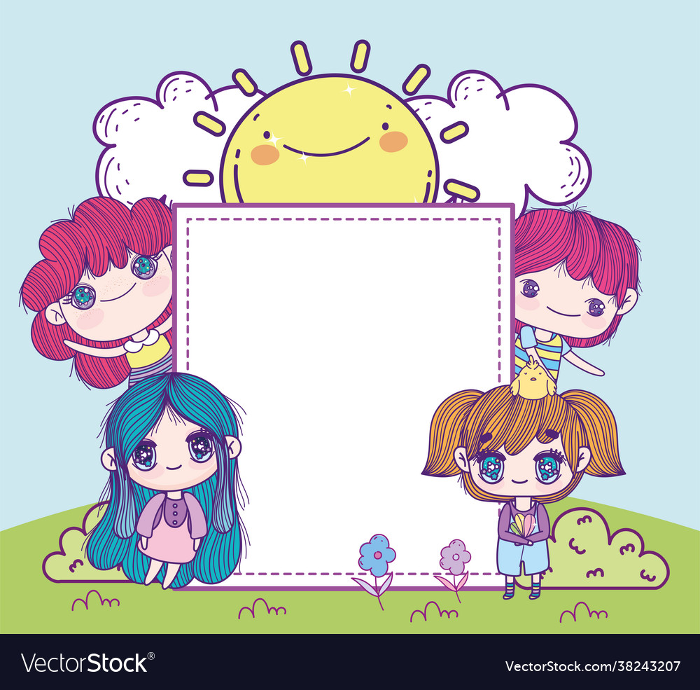 Anime kids with blank banner Royalty Free Vector Image