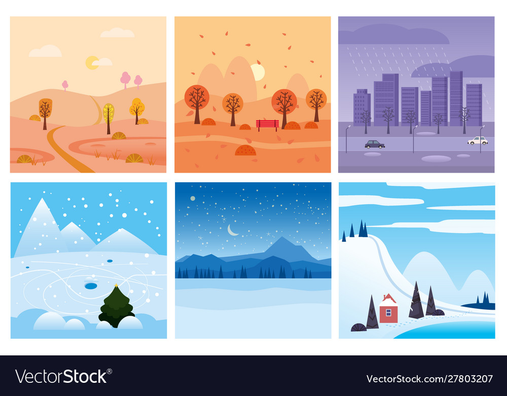 Calendar set landscape winter autumn in flat