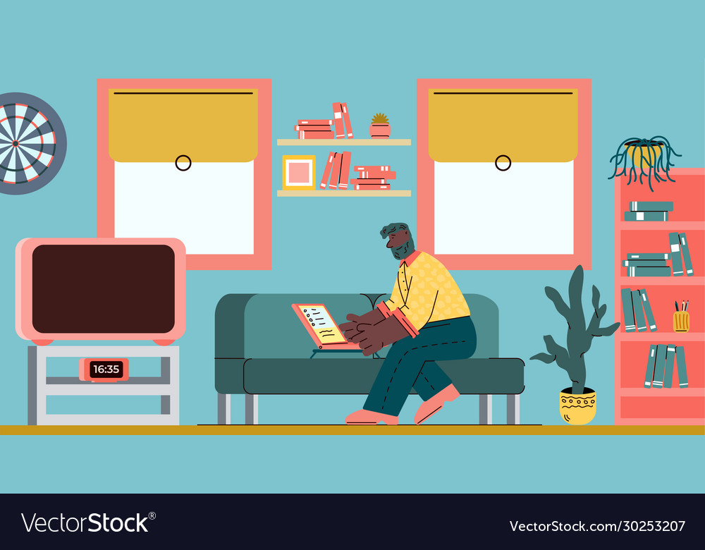 Cartoon man working on laptop living room sofa