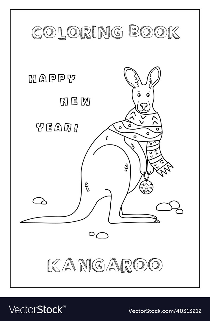 Coloring book happy new year kangaroo with scarf Vector Image