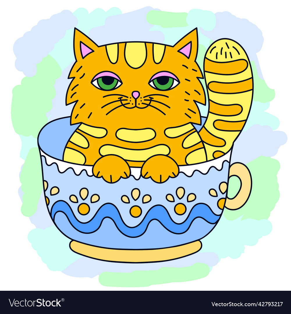 Funny cartoon red cat sits in a cup Royalty Free Vector