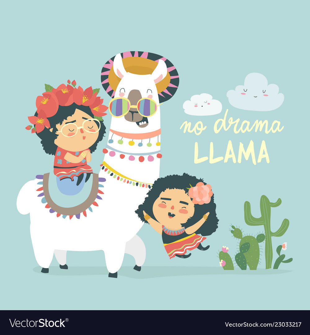 Funny llama alpaka with cute mexican girls Vector Image