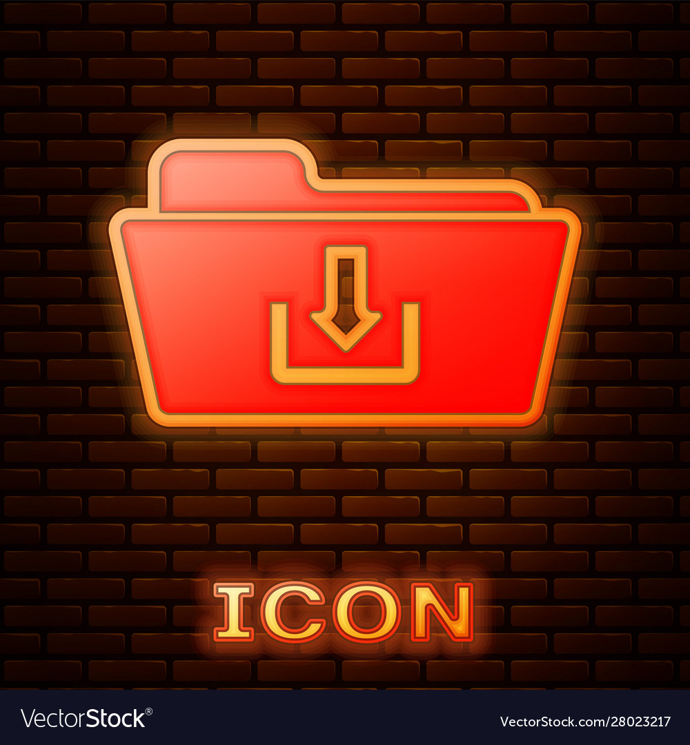 Glowing neon folder download icon isolated