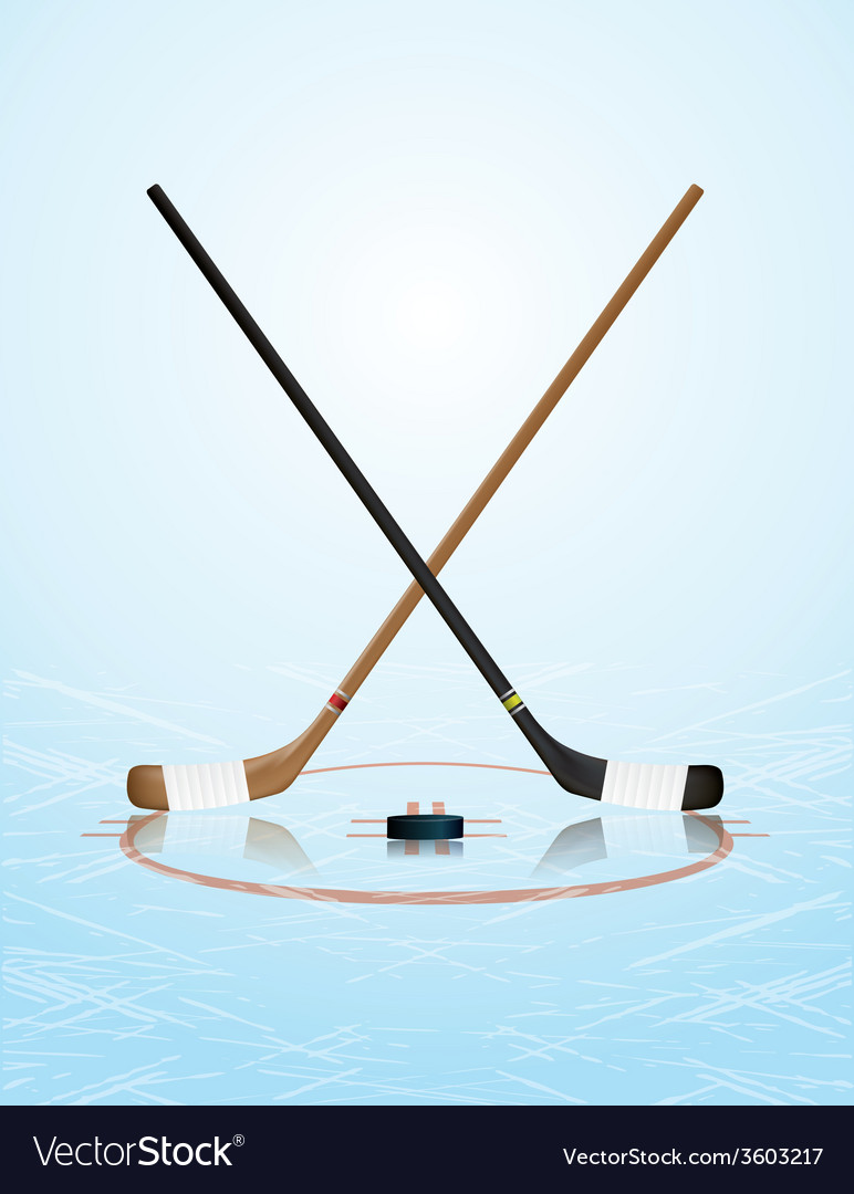 Ice hockey sticks puck on ice rink Royalty Free Vector Image