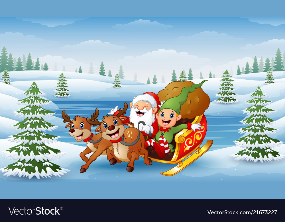 Cartoon santa claus mit elf Reiten auf einem Schlitten wi