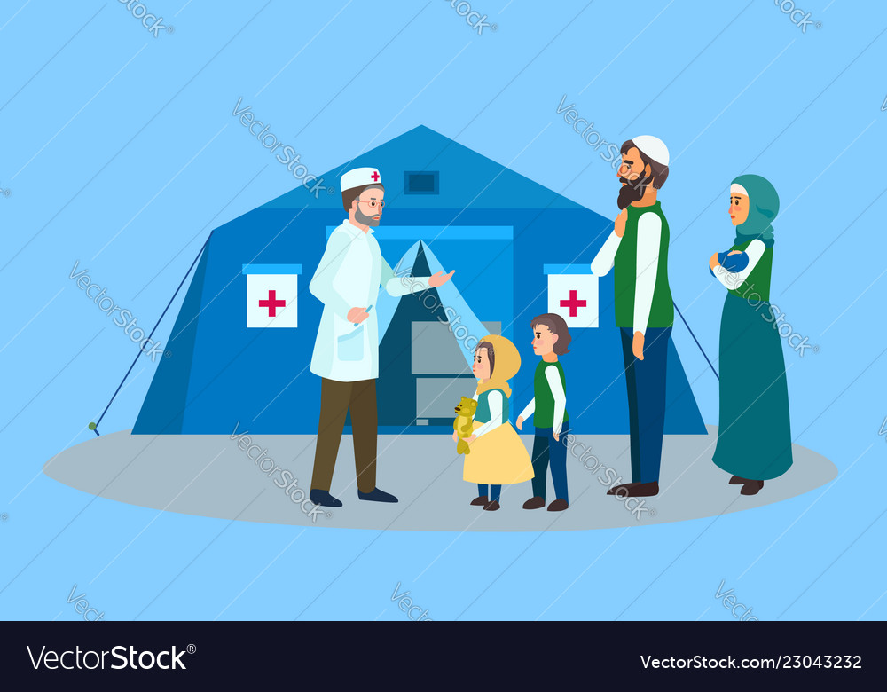 Migrant Family Doctor Tent Concept Banner Flat Vector Image