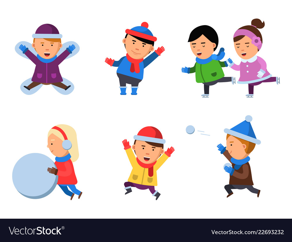 Winter Kids Clothes Characters Playing Games In Vector Image