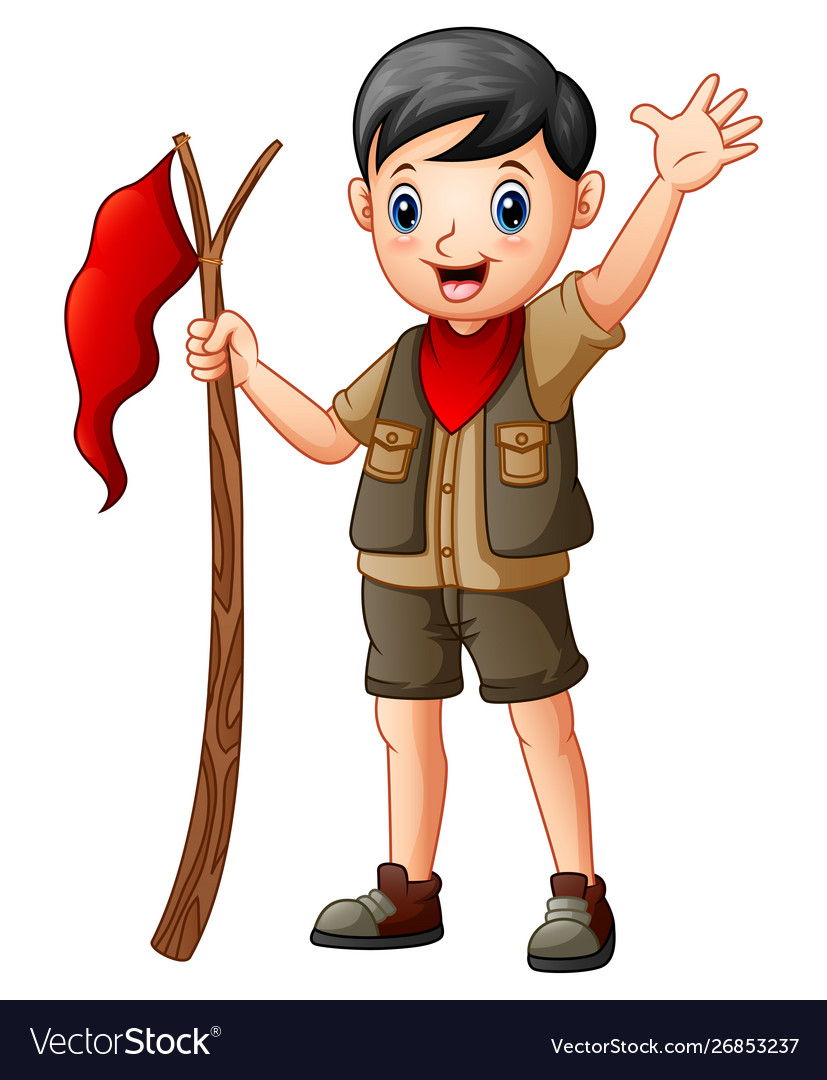 Cartoon a scout boy holding red flag Royalty Free Vector