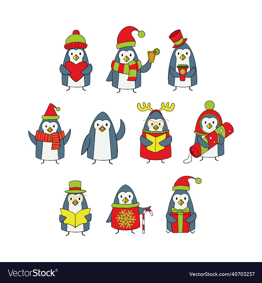 Christmas set of penguins in very peri color Vector Image