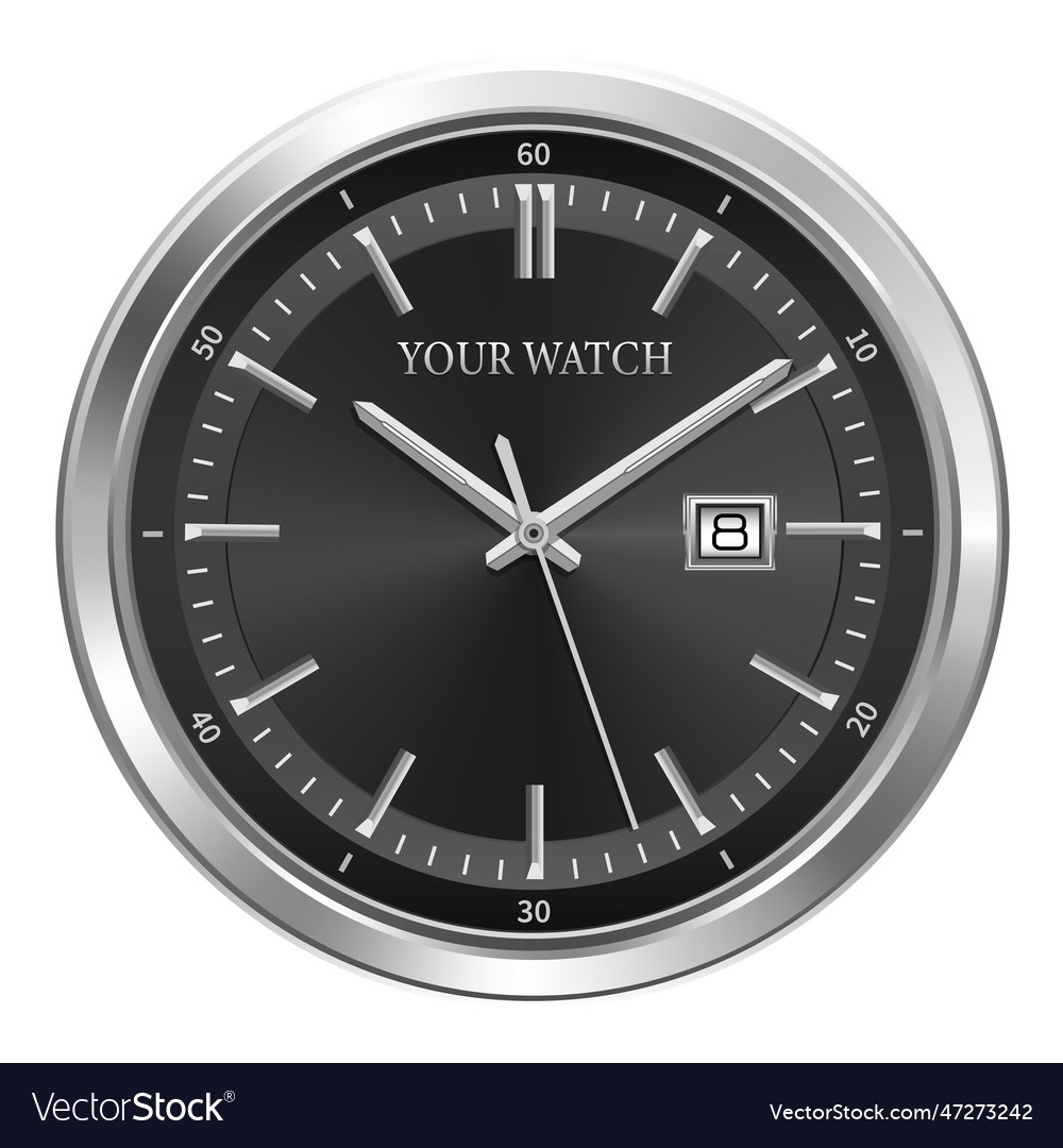 Realistic black silver clock watch face Royalty Free Vector