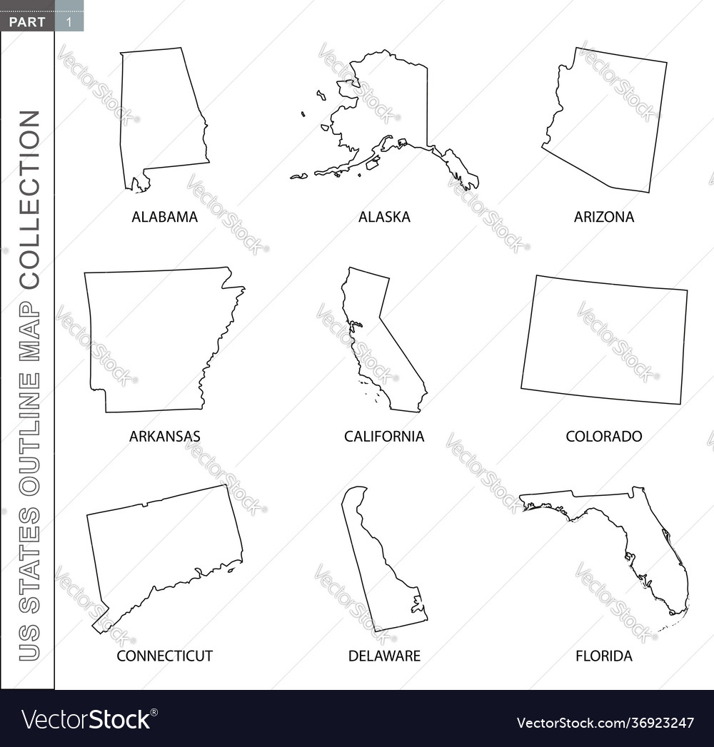 Outline maps us states collection nine black Vector Image