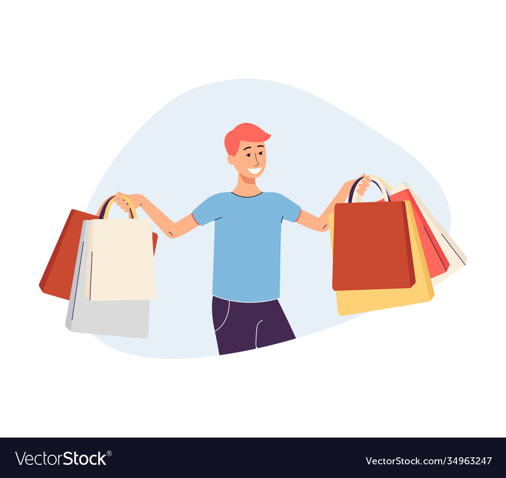 Young cheerful man holding shopping bags flat