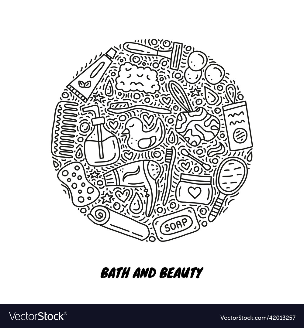 Doodle bathroom and hygiene icons in circle