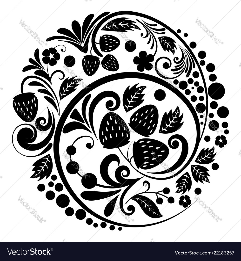 Floral ornament with strawberries silhouettes