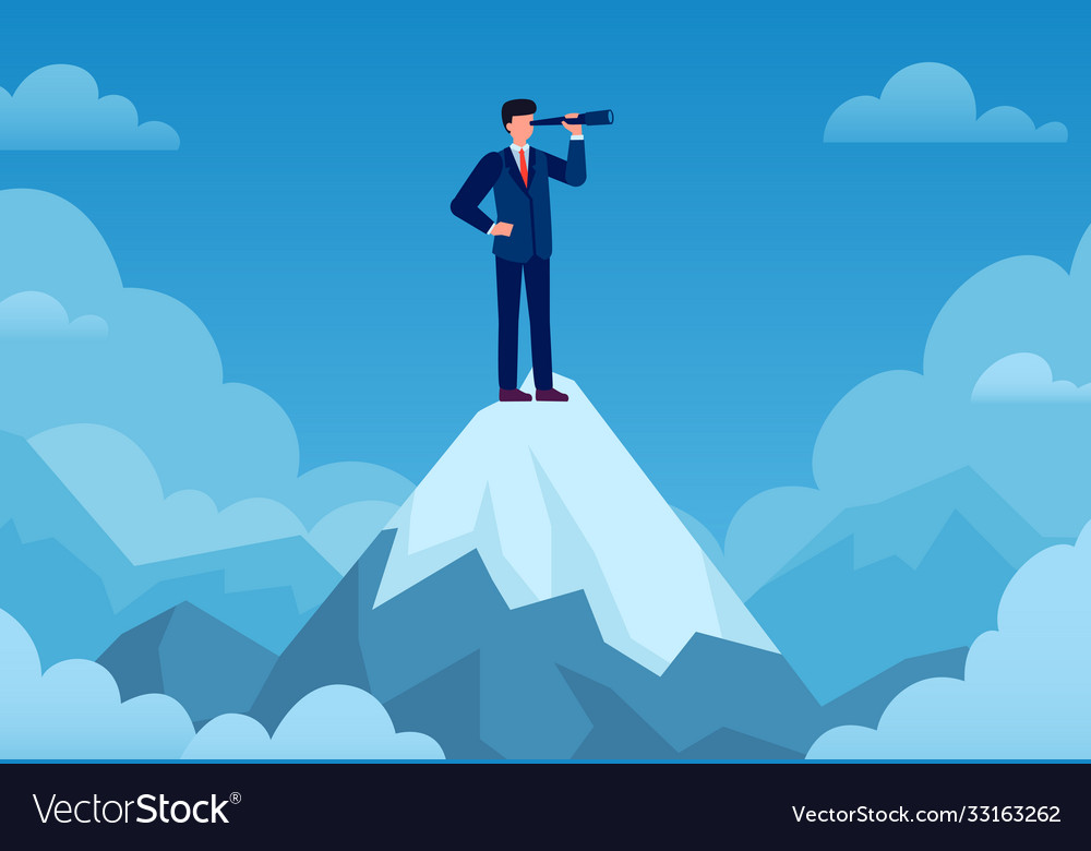 Business vision businessman on mountain peak Vector Image