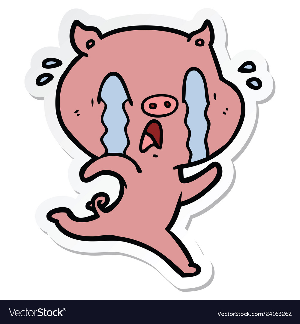 Sticker of a crying pig cartoon Royalty Free Vector Image