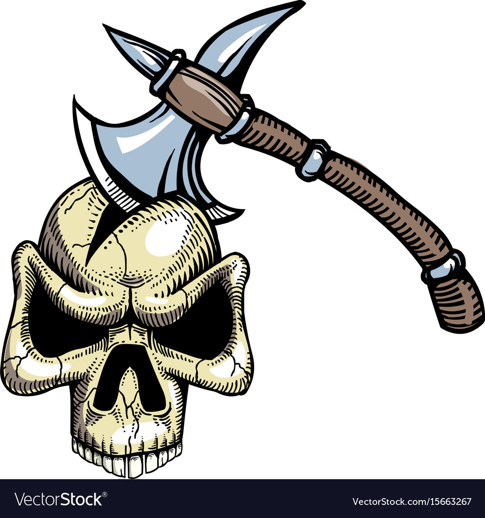 Cartoon image of axe in skull Royalty Free Vector Image