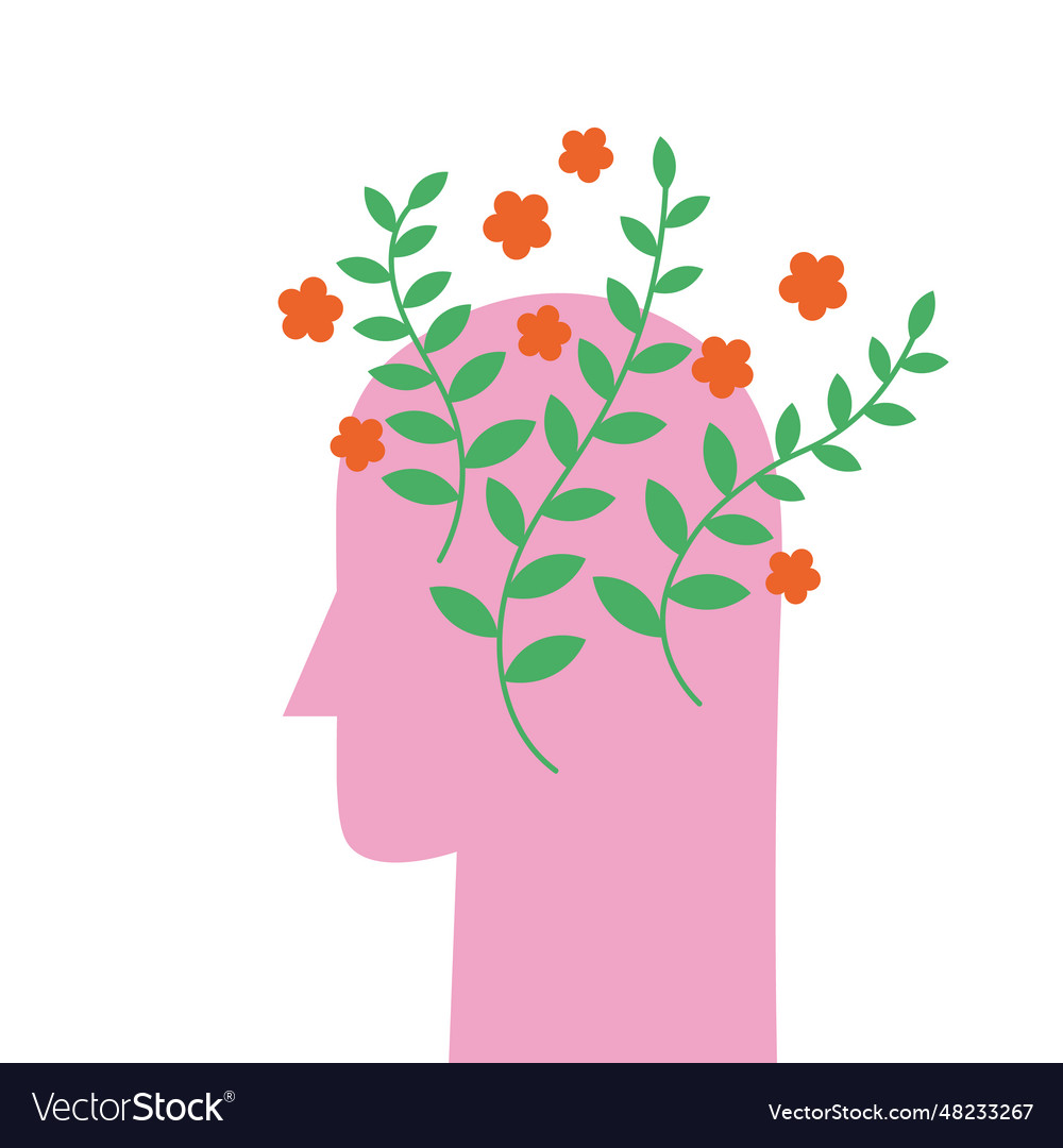 Human head with flowers and plantsmental health