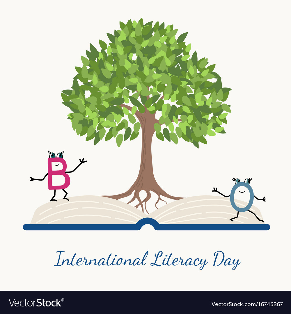 Literacy day concept tree book letter characters