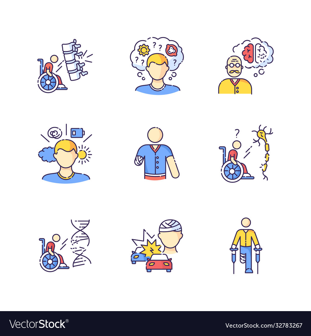 Patient with disability rgb color icons set