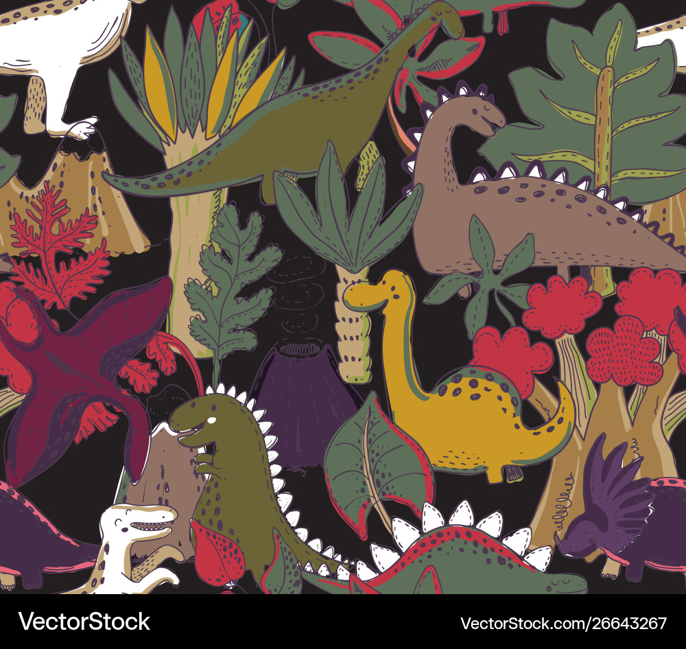 Seamless pattern with hand drawn dinosaurs Vector Image