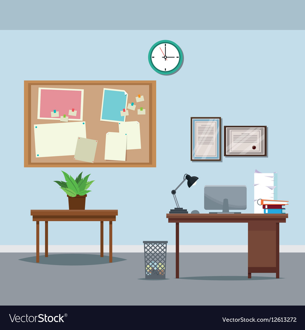 Office Workspace Desk Table Potted Plant Clock Vector Image