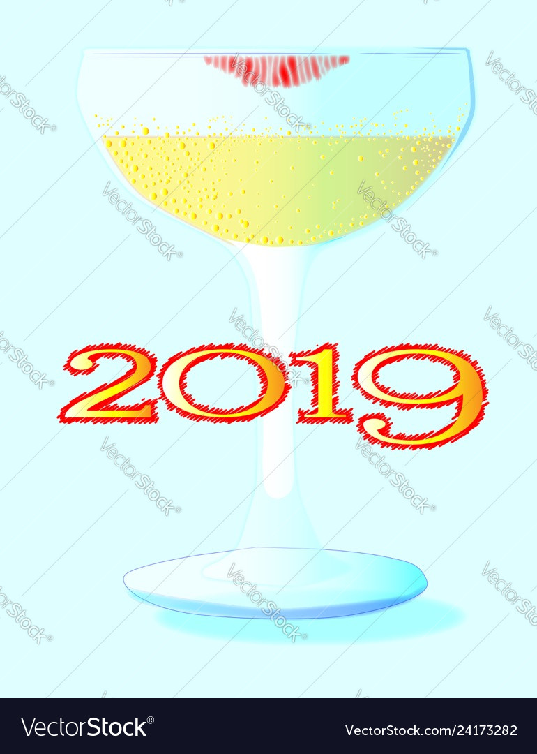 2019 mit Lippenstift auf einem Glas Champagner