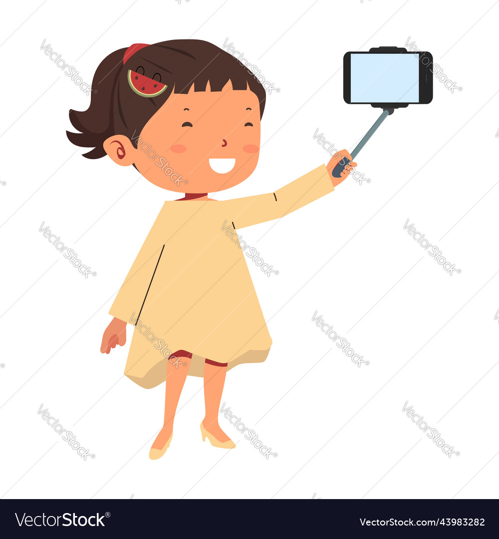 Cute girl holding selfie stick with smartphone