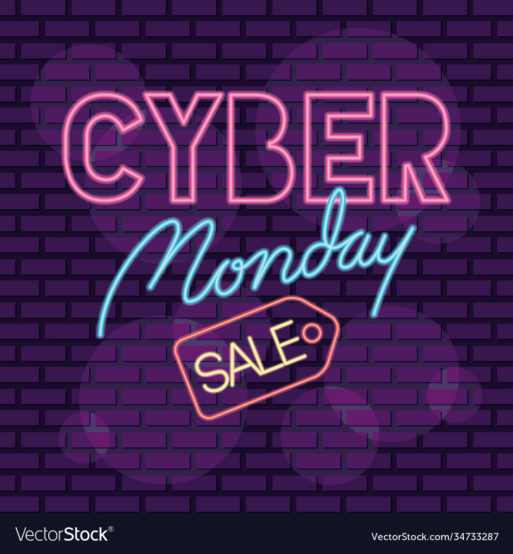 Cyber monday neon label with tag