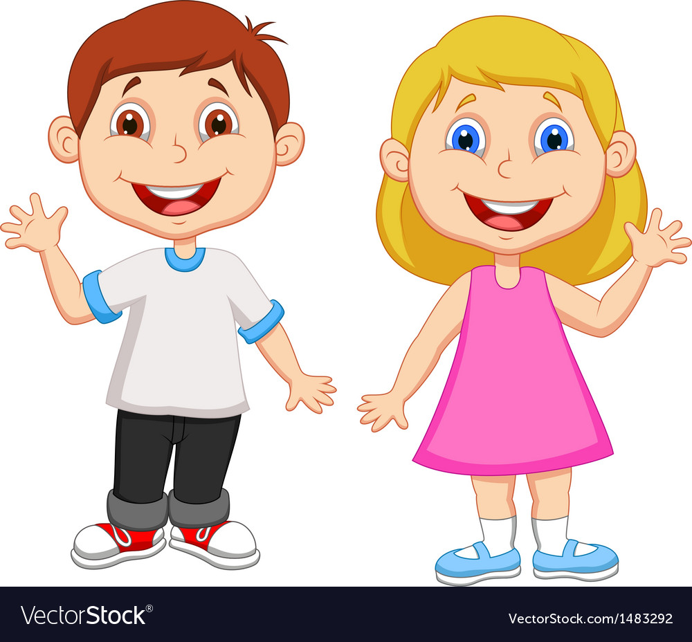 Cartoon boy and girl waving hand Royalty Free Vector Image