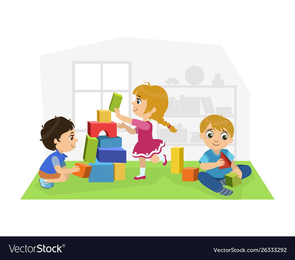 Cute Boys And Girl Sitting On Floor And Playing Vector Image