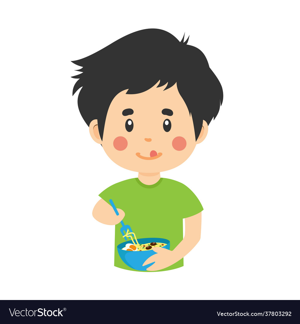 Happy kid eating noodle Royalty Free Vector Image