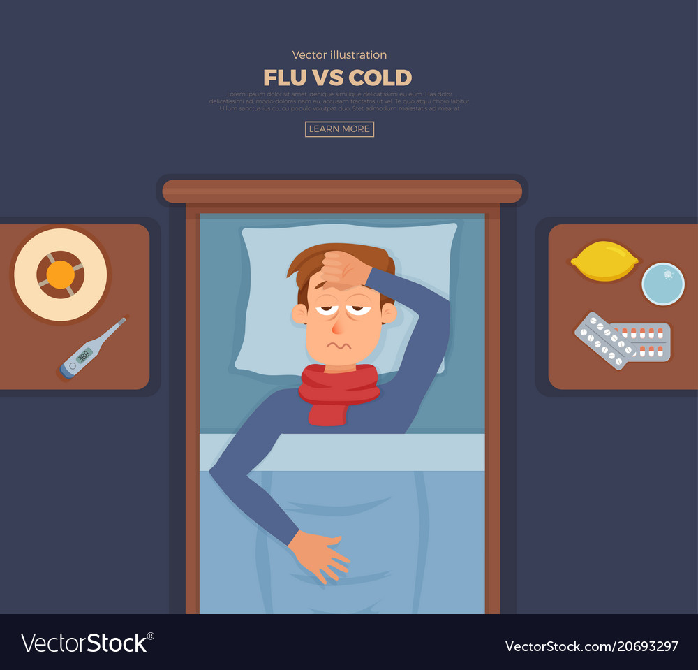 Sick guy in bed with the symptoms of cold flu Vector Image