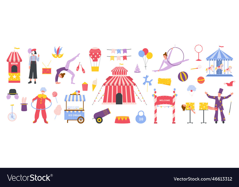 Circus Set Magician And Clown Acrobat Mime Vector Image