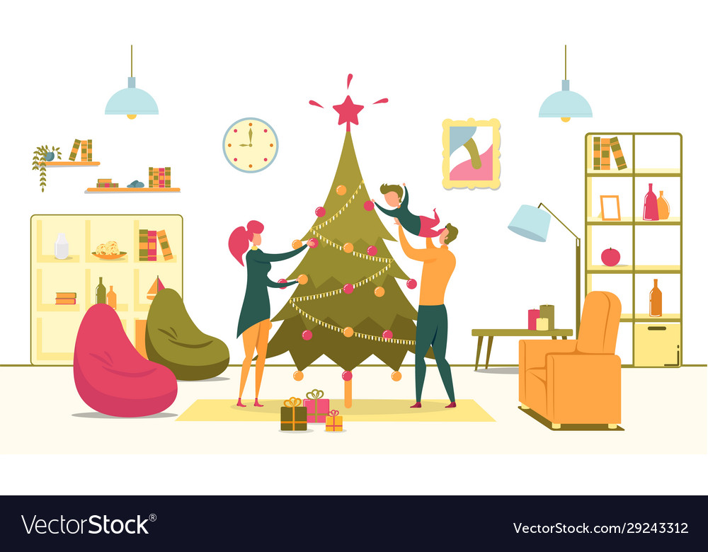 Happy family with son decorate christmas tree