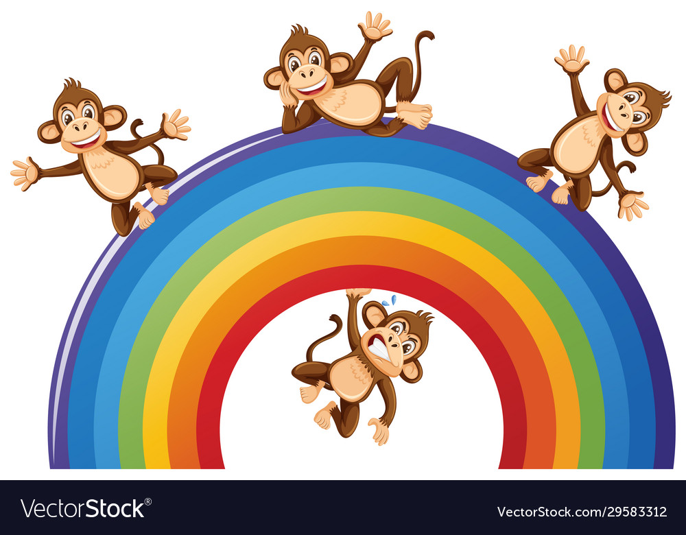 Happy monkeys over rainbow on white background Vector Image