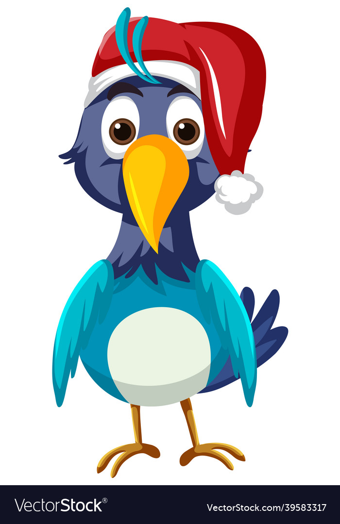 Blue bird wearing christmas hat cartoon character