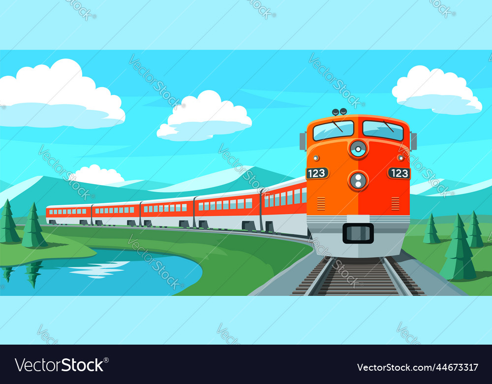 Passenger train rides along the scenic route Vector Image