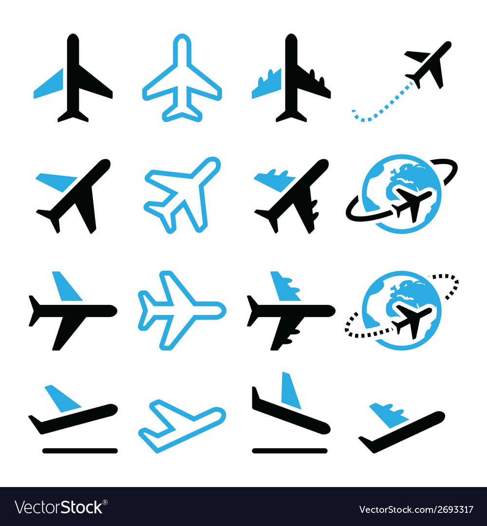 Plane flight airport black and blue icons set Vector Image