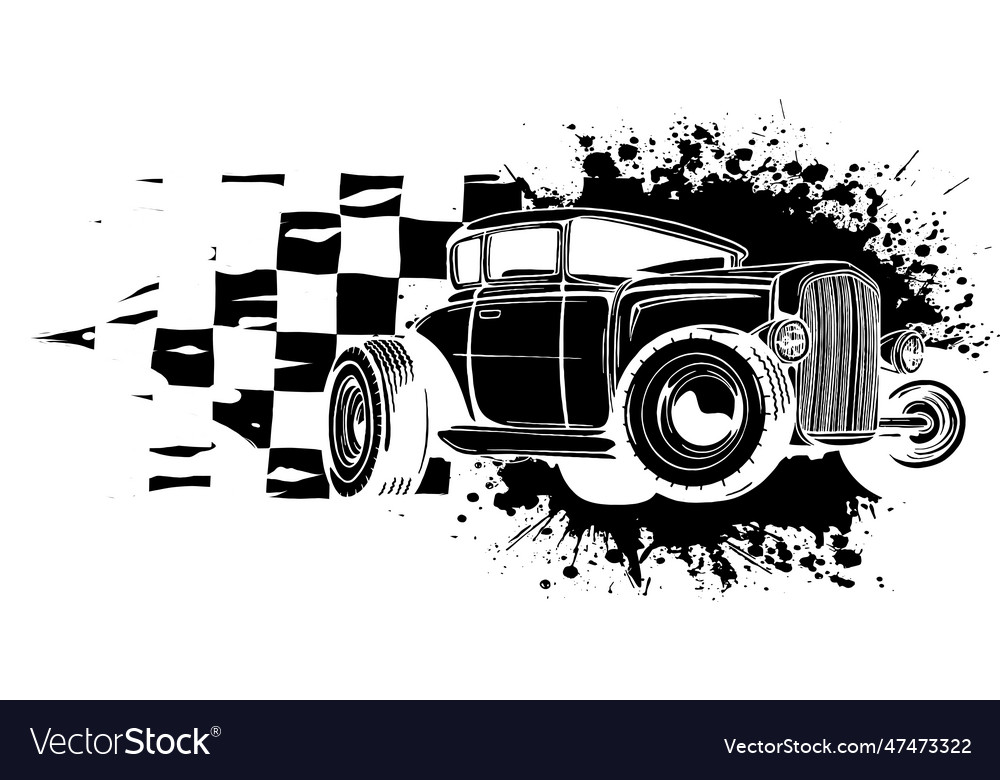 Black silhouette of hot rod car with race flag Vector Image