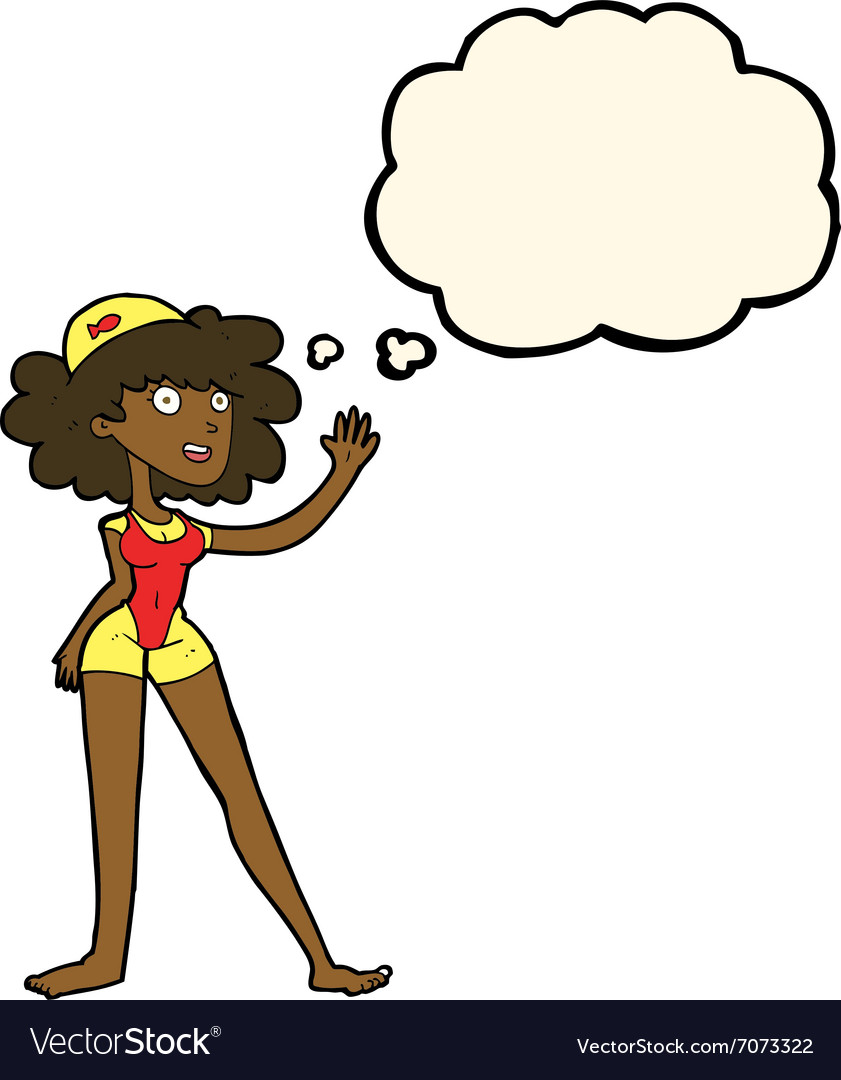 Cartoon swimmer woman with thought bubble