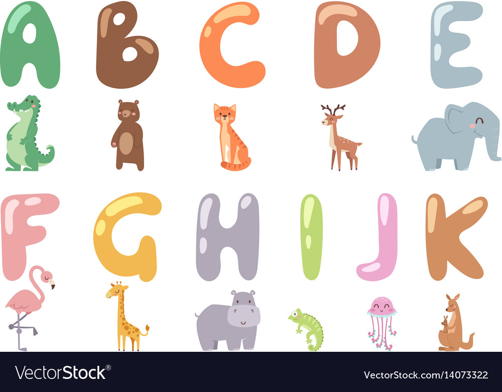 Cute zoo alphabet with cartoon animals isolated