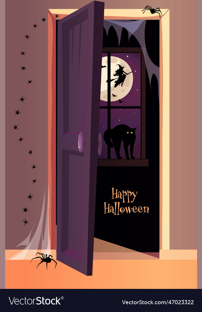 Halloween poster black cat sitting on window