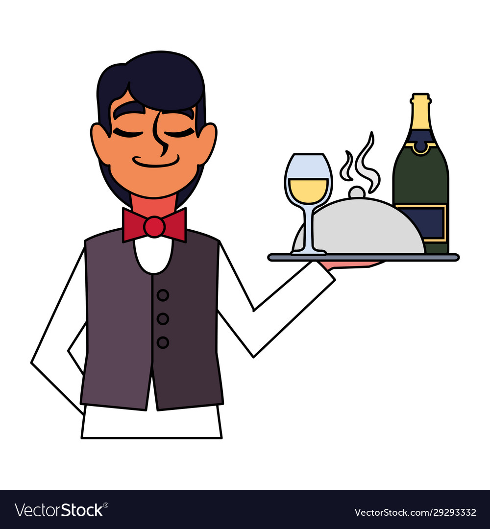 Man waiter holding tray with bottle wine on white Vector Image