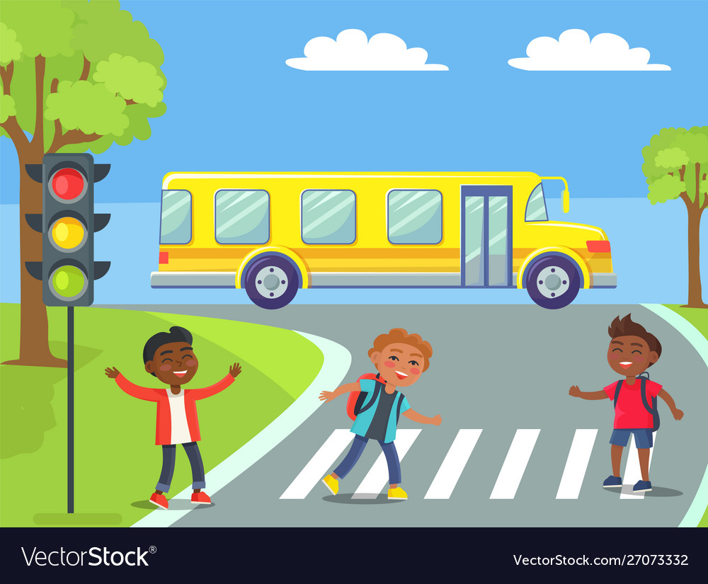 Premium Vector  School kids with backpack walking crossing road