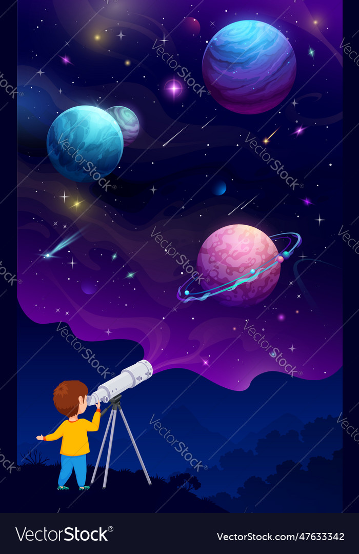 Child with telescope looking on planets in space Vector Image