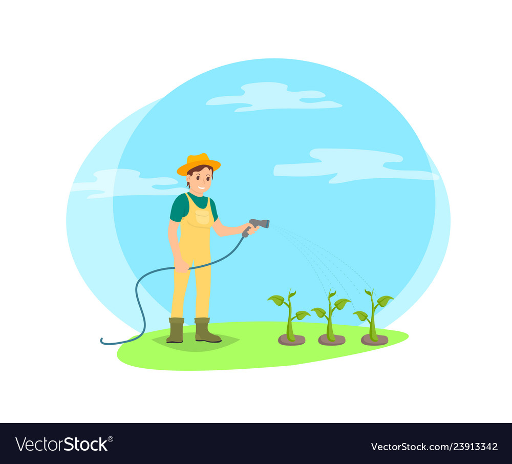 Farmer watering vegetables cartoon icon Royalty Free Vector