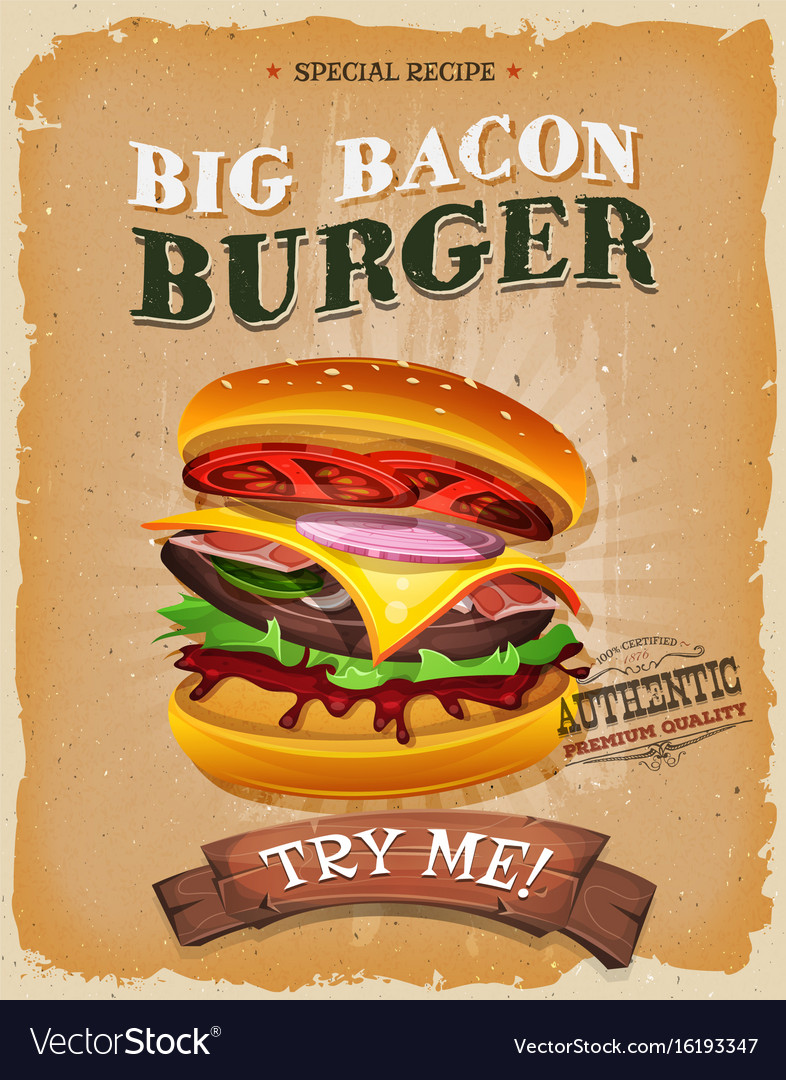 Grunge And Vintage Big Bacon Burger Poster Vector Image 8591