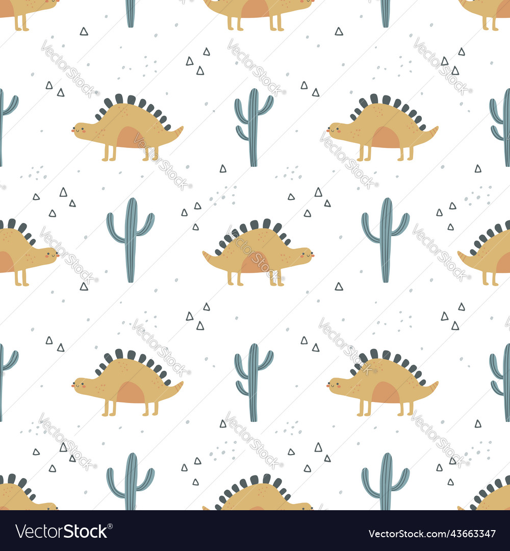 Seamless pattern with yellow dino on white vector image Seamless pattern with yellow dino on white