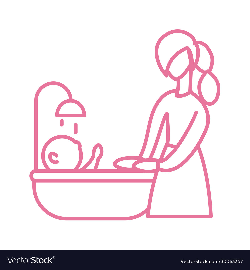 Woman with baby taking bath line style icon